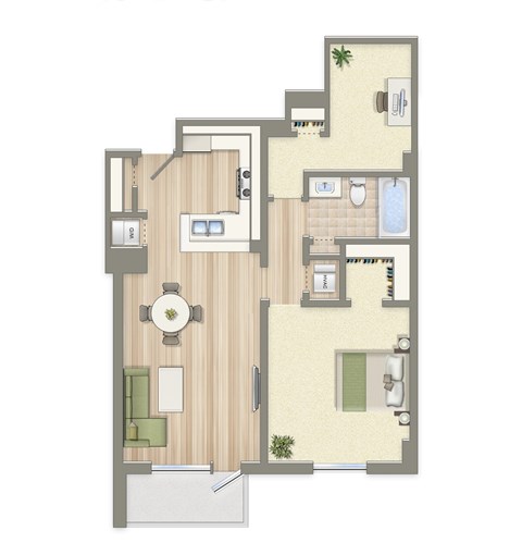 Floor plan for 1 bed, 1 bath, 802 sqft